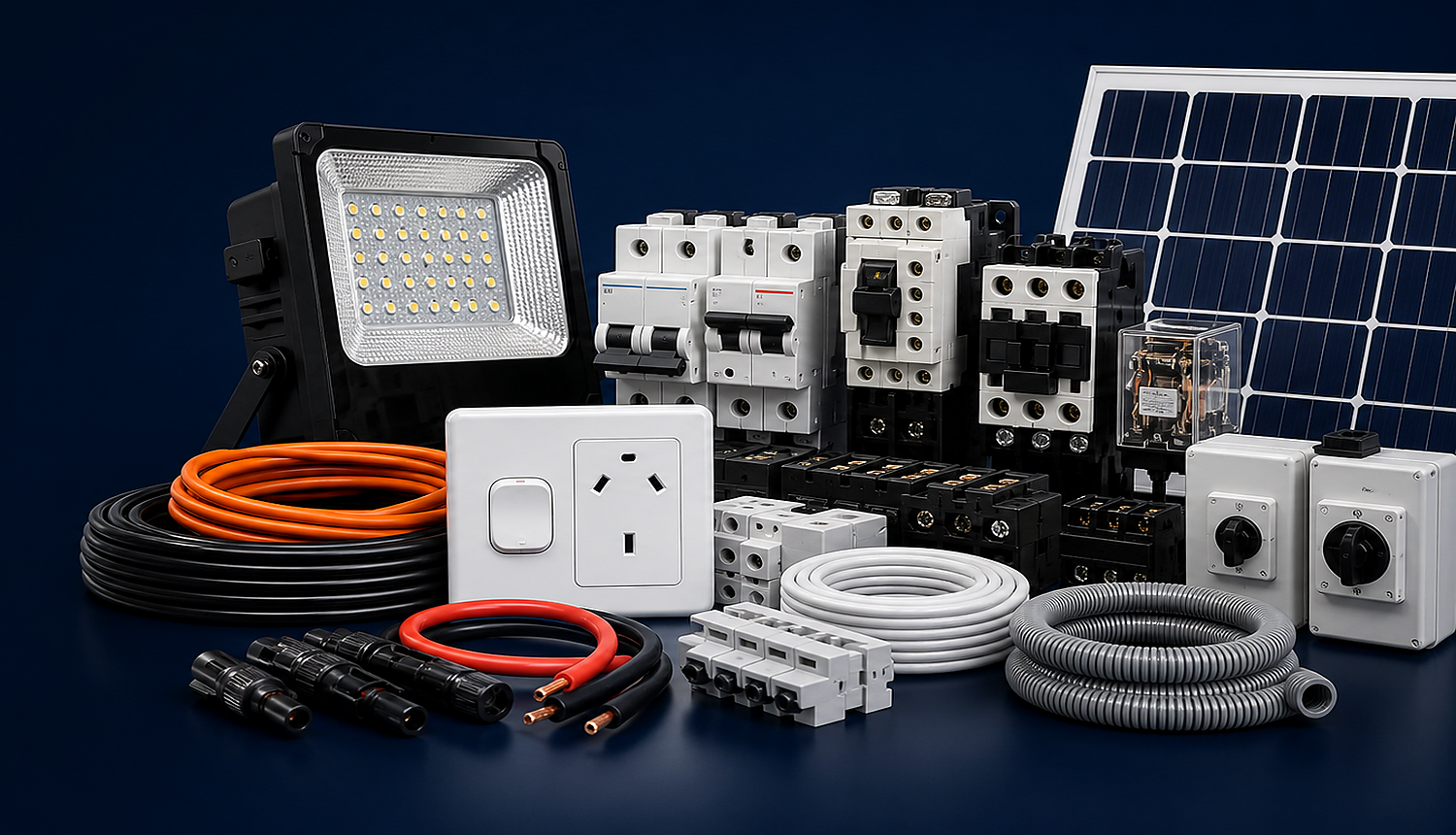 Electrical lighting, switchgear, sockets, cables and solar accessories